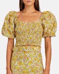 Dakota Fanning yellow puff sleeve top, FAITHFULL THE BRAND Robina Smocked Floral Crop Top, on Instagram, 13 July 2020 | celebrity social media fashion
