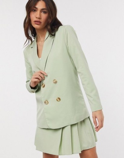 Fashion Union Dad Blazer Co-ord Soft Grass ~ pale green pleated skirt suits ~ double breasted blazers - flipped