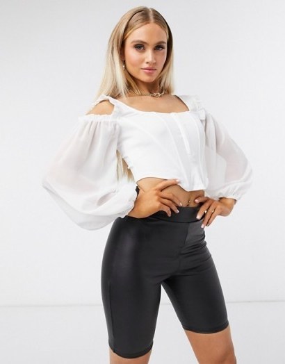 Femme Luxe corset detail cold shoulder crop top in white | fitted balloon sleeve tops - flipped