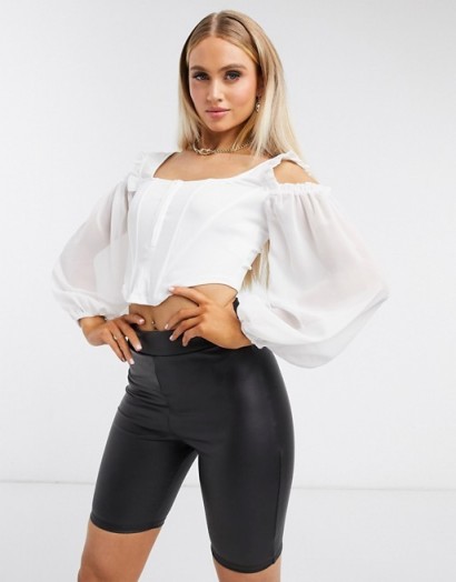 Femme Luxe corset detail cold shoulder crop top in white | fitted balloon sleeve tops