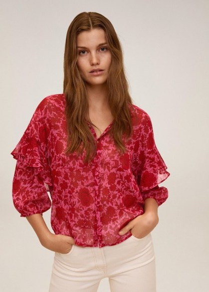 MANGO OTTO Floral print blouse Fuchsia / tiered sleeve blouses - flipped