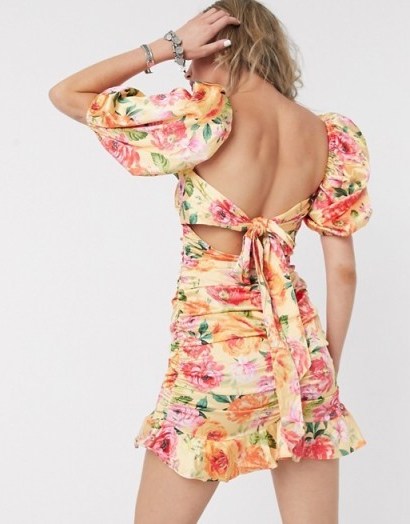For Love and Lemons Versilla mini dress with bow back in pink floral print / tie back dresses - flipped