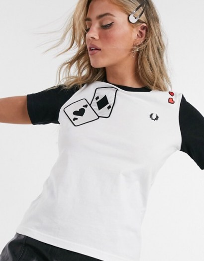 Fred Perry x Amy Winehouse ringer t-shirt with patches in white / monochrome tee