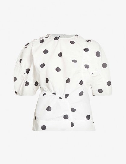 GANNI Polka dot-print recycled-polyester top ~ voluminous sleeved tops - flipped