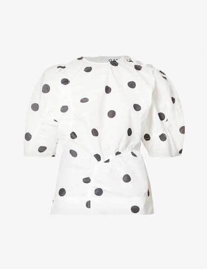 GANNI Polka dot-print recycled-polyester top ~ voluminous sleeved tops