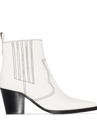 GANNI Western 60mm croc-effect ankle boots ~ white-leather cuban heel western boot - flipped