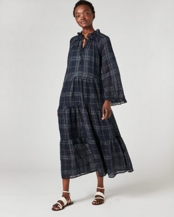 JIGSAW GAUZE CHECK TIERED MAXI DRESS / floaty ruffle trim dresses - flipped