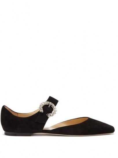 JIMMY CHOO Gin crystal-embellished Mary-Jane suede flats in black ~ luxe Mary Janes flat shoes - flipped
