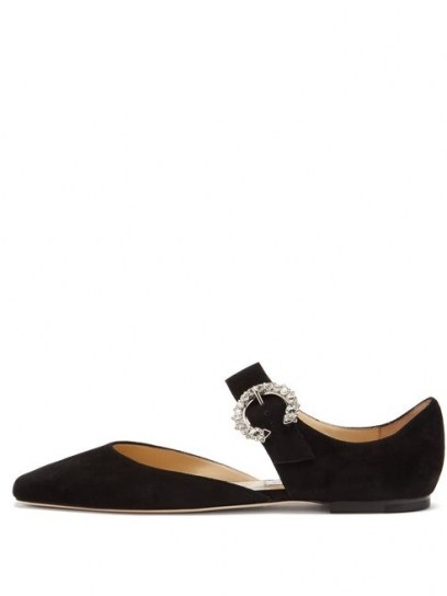 JIMMY CHOO Gin crystal-embellished Mary-Jane suede flats in black ~ luxe Mary Janes flat shoes