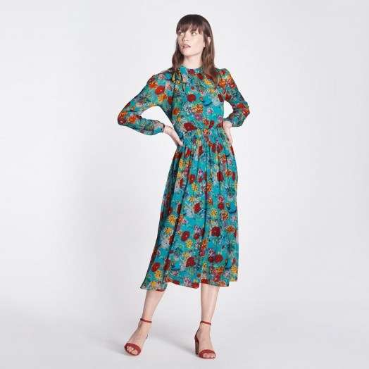 L.K. BENNETT GISH PEONY PRINT TIE NECK SILK DRESS / long sleeve floral dresses - flipped