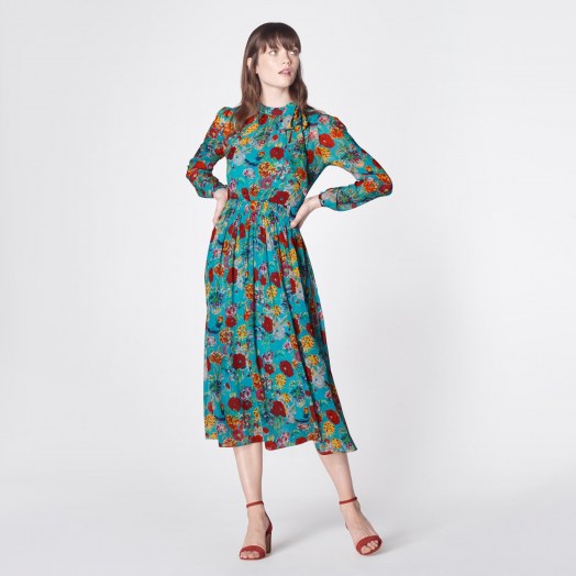 L.K. BENNETT GISH PEONY PRINT TIE NECK SILK DRESS / long sleeve floral dresses