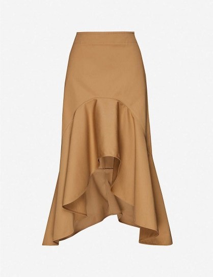 GIVENCHY Ruffle-trimmed high-waisted cotton-twill midi skirt ~ ruffled edge hemlines - flipped