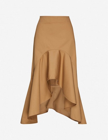 GIVENCHY Ruffle-trimmed high-waisted cotton-twill midi skirt ~ ruffled edge hemlines