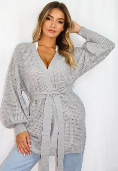 Missguided grey belted balloon sleeve knitted cardigan | wrap style cardigans