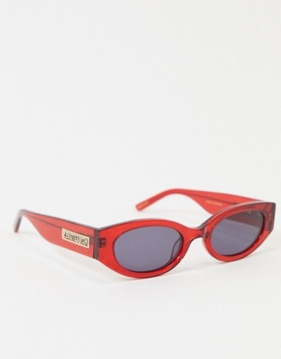 Hot Futures slim oval retro sunglasses in red with arm logo | vintage look eyewear - flipped