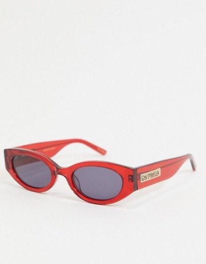 Hot Futures slim oval retro sunglasses in red with arm logo | vintage look eyewear