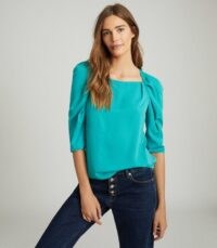 REISS ISABELLE RUCHED SLEEVE STRAIGHT NECK TOP TEAL