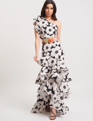 FOREVER UNIQUE Ivory And Black Floral One Shoulder Ruffle Maxi Dress / long ruffled Spanish style dresses - flipped