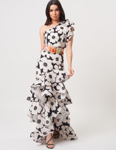FOREVER UNIQUE Ivory And Black Floral One Shoulder Ruffle Maxi Dress / long ruffled Spanish style dresses