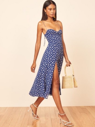 Hailey Baldwin blue and white strappy thigh split dress, Reformation Juliette Dress in Moray print, pictured with friends posted on Instagram, 15 July 2020 | celebrity summer dresses | social media fashion - flipped