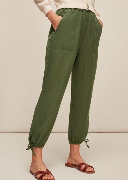 WHISTLES WASHED TIE HEM TROUSER KHAKI / casual green trousers / essential weekend style - flipped