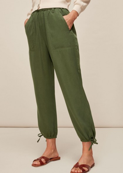 WHISTLES WASHED TIE HEM TROUSER KHAKI / casual green trousers / essential weekend style