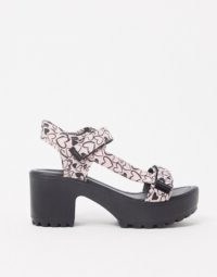 Koi Footwear vegan heart print strapy heeled sandal in pink ~ strappy dandals ~ chunky heeled platforms