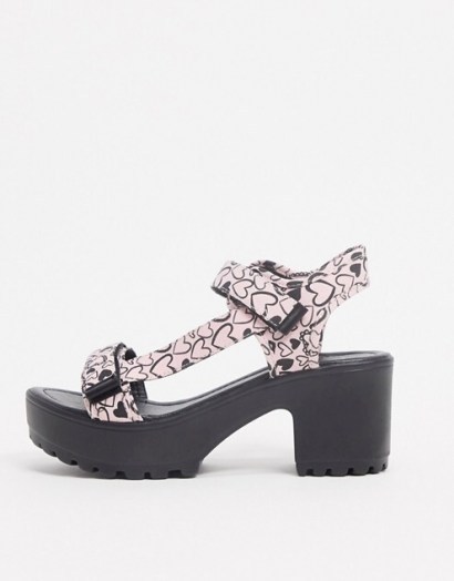 Koi Footwear vegan heart print strapy heeled sandal in pink ~ strappy dandals ~ chunky heeled platforms - flipped