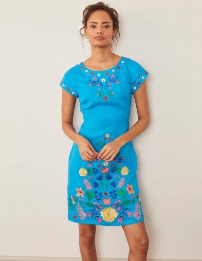Boden Laura Linen Embroidered Dress – Blue Lagoon / flower embroidery - flipped