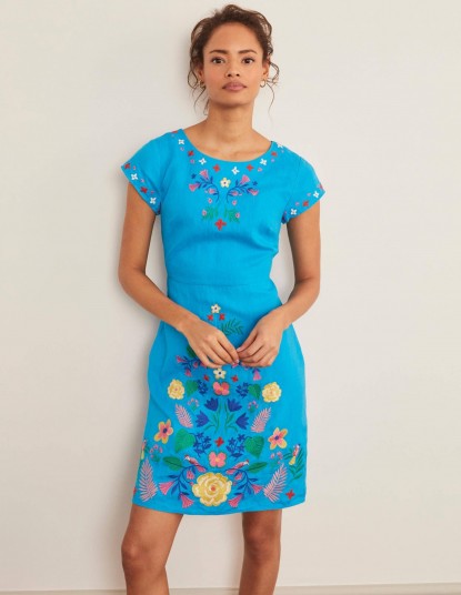 Boden Laura Linen Embroidered Dress – Blue Lagoon / flower embroidery
