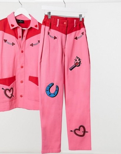 Lazy Oaf straight leg western jeans with embroidered patches co-ord ~ pink & red together - flipped