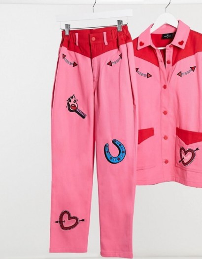 Lazy Oaf straight leg western jeans with embroidered patches co-ord ~ pink & red together