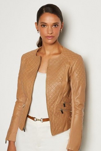 KAREN MILLEN Leather Quilted Biker Jacket Tan / casual luxe jackets - flipped