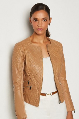 KAREN MILLEN Leather Quilted Biker Jacket Tan / casual luxe jackets