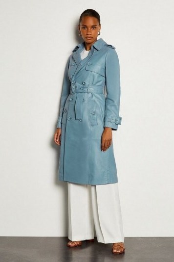 KAREN MILLEN Leather Trench Mac Pale Blue / luxury belted coats - flipped