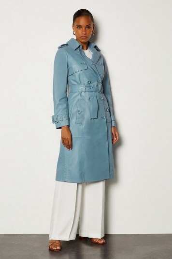 KAREN MILLEN Leather Trench Mac Pale Blue / luxury belted coats