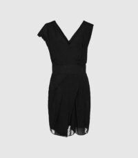 REISS LEONORA SEMI-SHEER WRAP FRONT DRESS BLACK ~ gathered effect dresses ~ cocktail hour