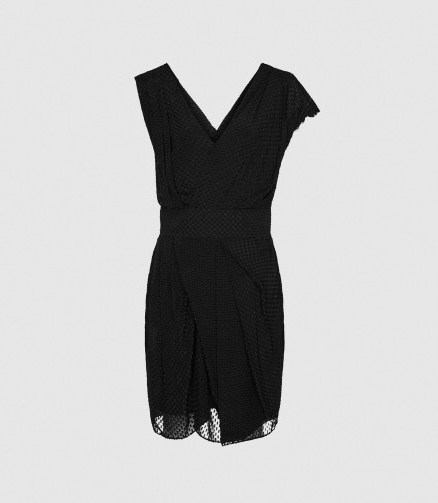 REISS LEONORA SEMI-SHEER WRAP FRONT DRESS BLACK ~ gathered effect dresses ~ cocktail hour - flipped