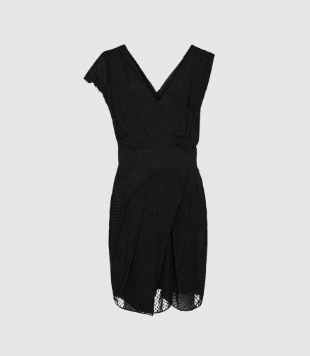 REISS LEONORA SEMI-SHEER WRAP FRONT DRESS BLACK ~ gathered effect dresses ~ cocktail hour