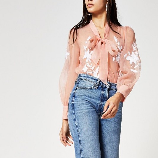 River Island Light pink organza embroidered blouse | sheer puff sleeve blouses - flipped