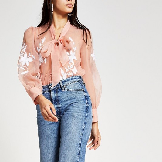River Island Light pink organza embroidered blouse | sheer puff sleeve blouses