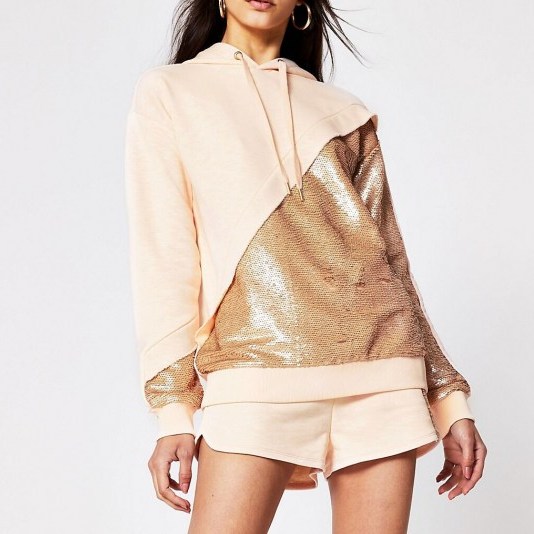 RIVER ISLAND Light pink sequin mix hoodie / casual glamour / sequinned hoodies - flipped