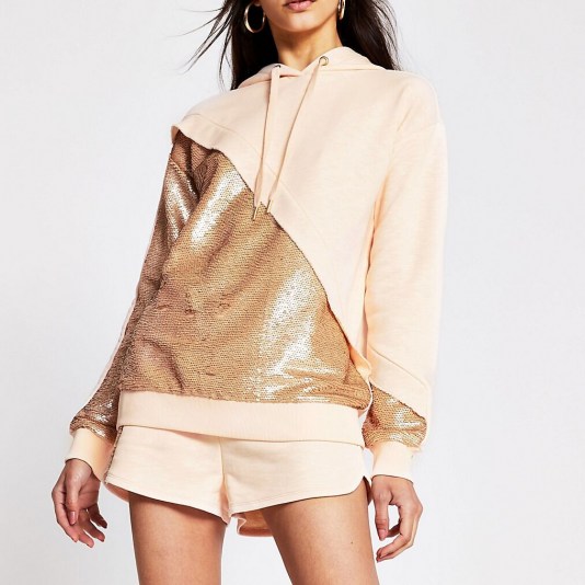 RIVER ISLAND Light pink sequin mix hoodie / casual glamour / sequinned hoodies