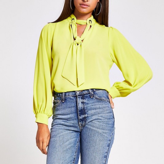 RIVER ISLAND Lime long sleeve tie front eyelet blouse ~ bright tie neck blouses