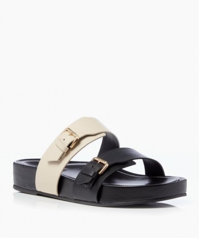 DUNE Loren T Black Buckle Slider Sandals / two-tone summer slides - flipped
