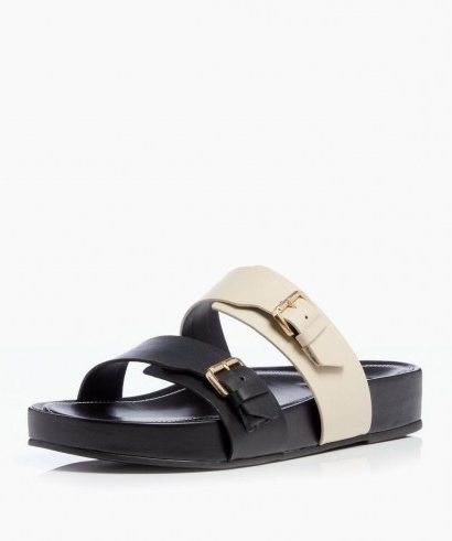DUNE Loren T Black Buckle Slider Sandals / two-tone summer slides
