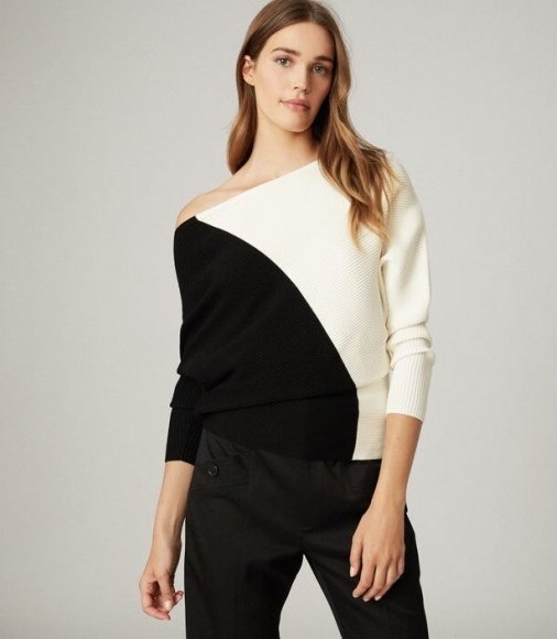 REISS LUCY COLOUR BLOCK KNITTED JUMPER BLACK/WHITE ~ asymmetrical knitwear ~ monochrome off shoulder knits - flipped