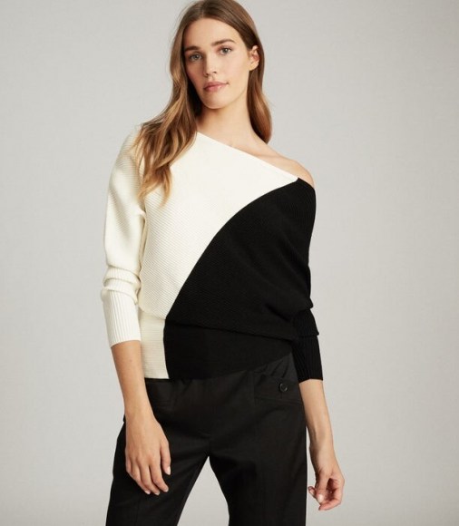 REISS LUCY COLOUR BLOCK KNITTED JUMPER BLACK/WHITE ~ asymmetrical knitwear ~ monochrome off shoulder knits