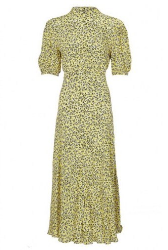 GHOST LUELLA DRESS Sophie Leaf Yellow / high neck dresses with short voluminous sleeves - flipped