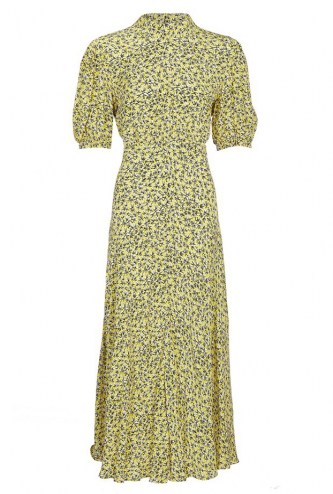 GHOST LUELLA DRESS Sophie Leaf Yellow / high neck dresses with short voluminous sleeves